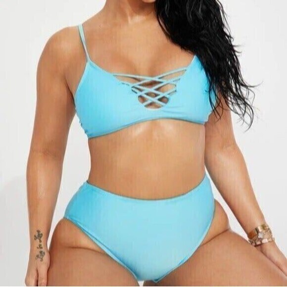 Turquoise Criss Cross Front High‎ Waisted Small 2 Piece Bikini RefN01 - Picture 1 of 8